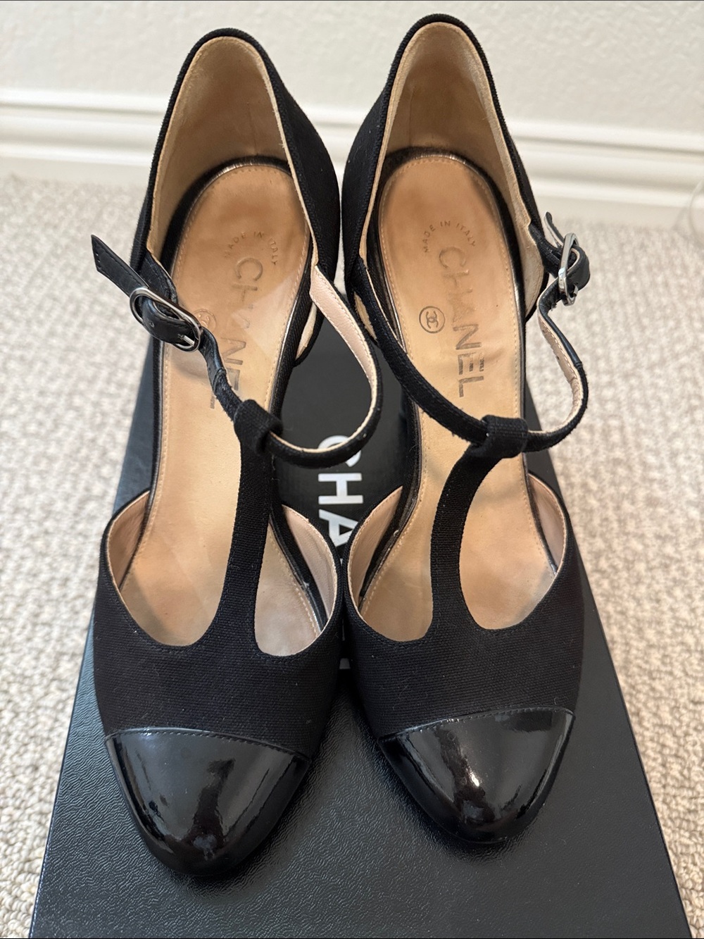 CHANEL Black T-Strap Pumps with Patent Cap Toe